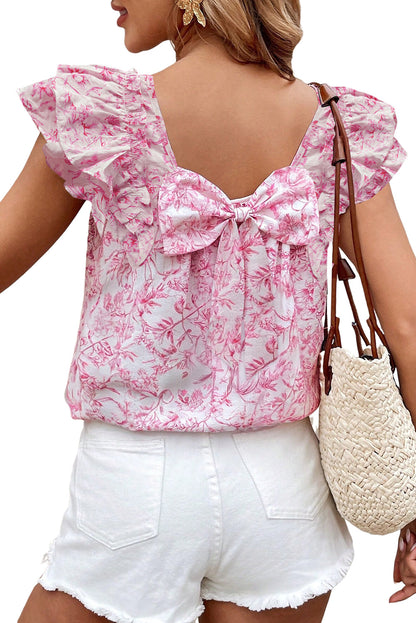 Pink Floral Ruffle Short Sleeve Bow Back Blouse