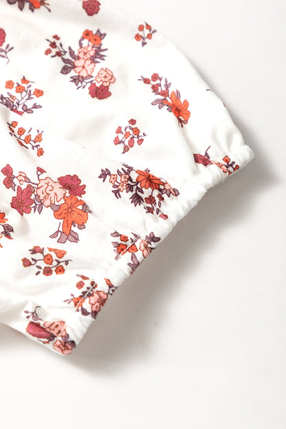 White Boho Floral Ruched Short Sleeve Blouse