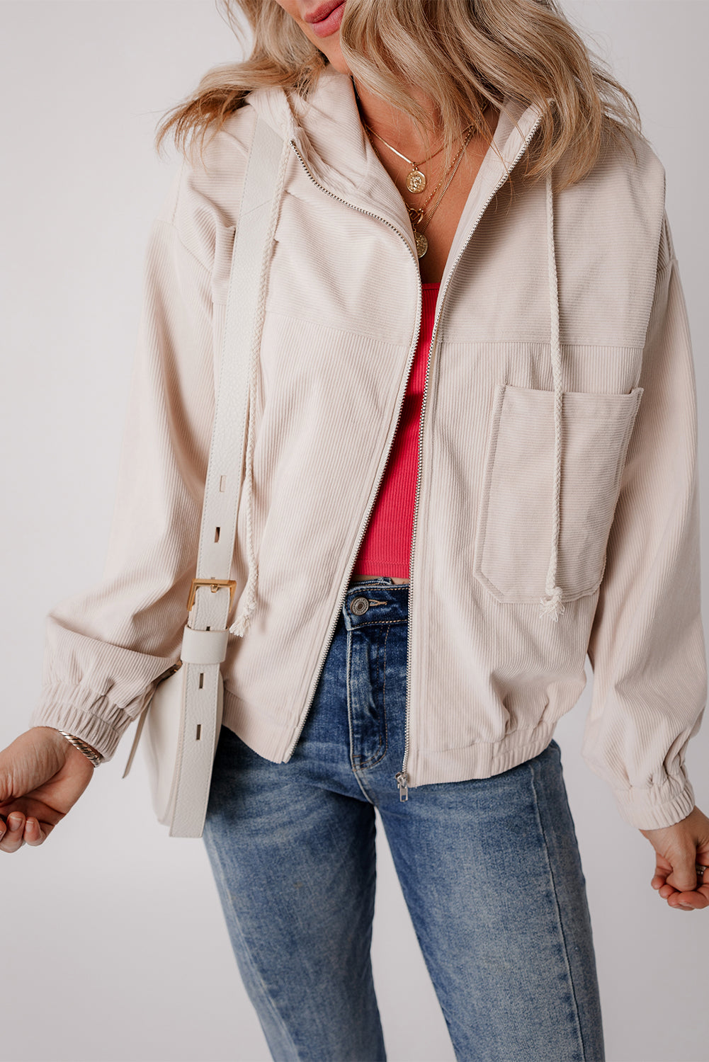 Solid Corduroy Zip-Up Pocketed Hooded Jacket