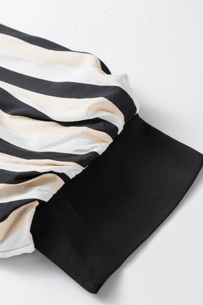 Black Stripe 3/4 Puff Sleeve Shirt Style Button Down Midi Dress