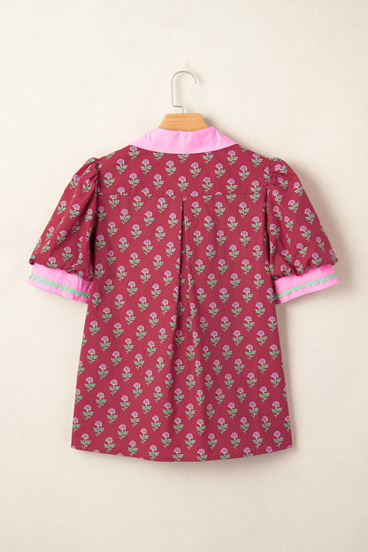 Red Contrast Collared V Neck Ricrac Trim Short Puff Sleeve Flower Blouse