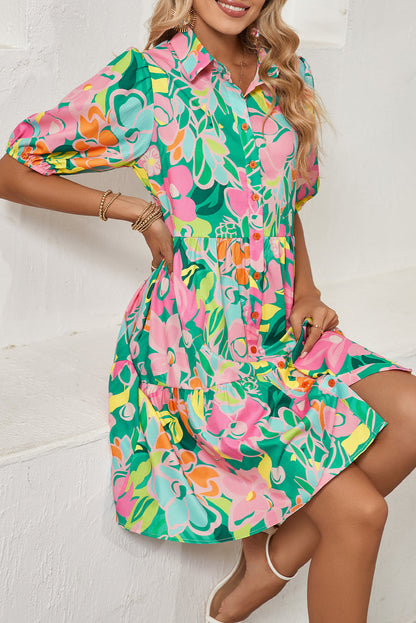 Pink Floral Puff Sleeve Collar Buttoned Babydoll Dress