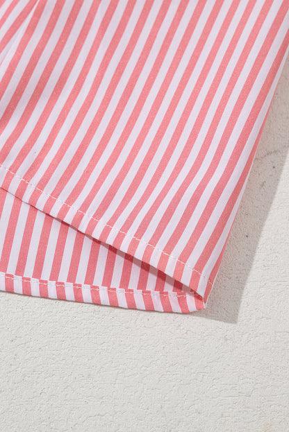 Pink Striped V Neck Puff Sleeve Blouse