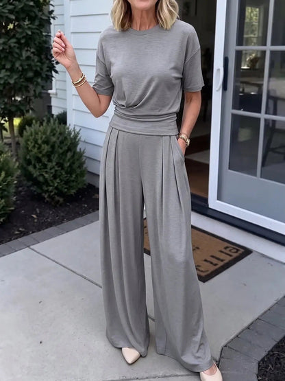 Women's Loose Crew-Neck T-Shirt & Wide-Leg Pants Two-Piece Set