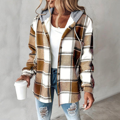 Women's Plaid Hoodie Long Sleeve Jacket With Pocket