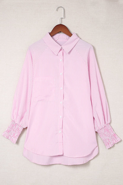 Blue Stripe Striped Casual Shirred Cuffs Shirt