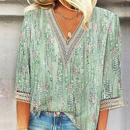 Cuff Printing Model Model Abstract V-neck Summer Thin Shirt