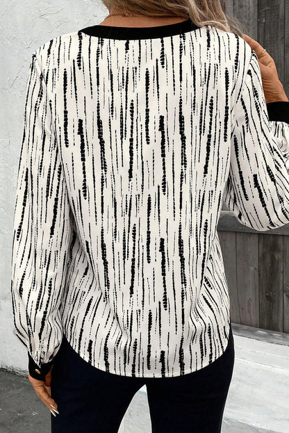 White Abstract Print V-neck Long-sleeve Blouse