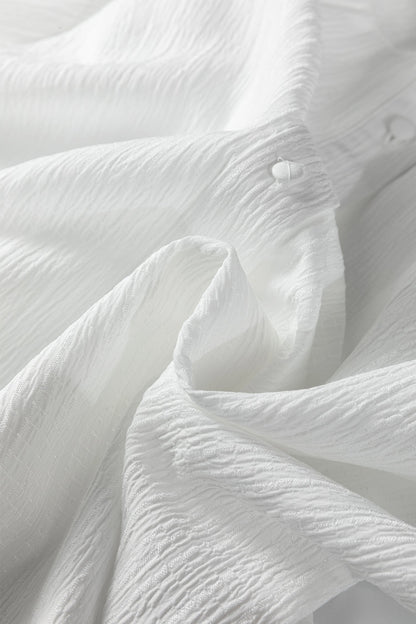 White Crinkled Texture Lantern Sleeve Button Down Loose Shirt