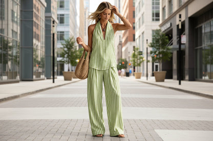 Women's Striped Sleeveless Top & Wide-Leg Pants Set – Fashionable 2-Piece