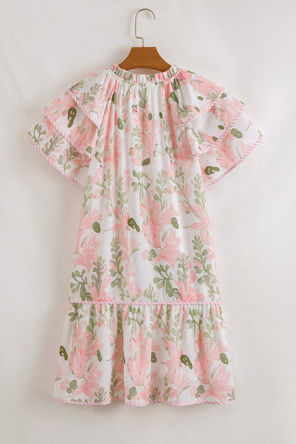 Pink Floral Contrast Edge Layered Short Sleeve Mini Dress