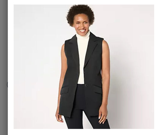 Isaac Mizrahi Live! Petite 24/7 Stretch Blazer Vest w/ Pockets. Black/Large
