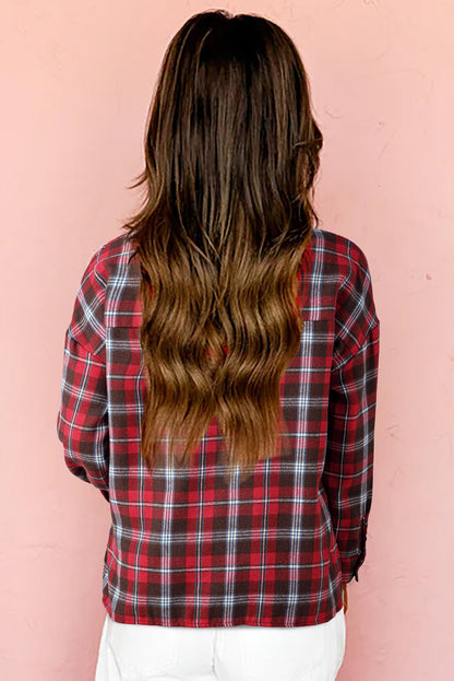 Red Plaid Print Collared V Neck Loose Blouse with Side Slits