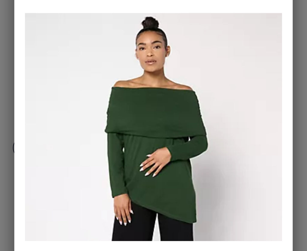 Peace Love World Side Cowl Long Sleeve Top. Hunter Green/ Medium