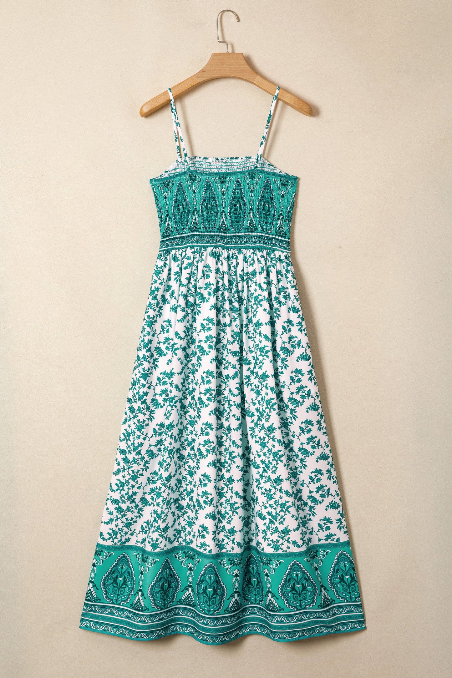 Green Boho Floral Print Shirred Cami Maxi Dress