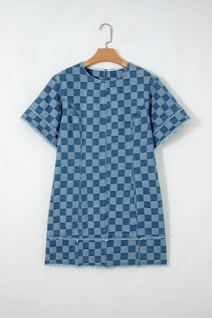 Sky Blue Frayed Hem Checkered Denim Mini Dress