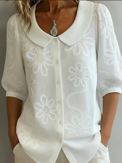 Women's Loose-Fit Retro 3D Embroidered Floral Shirt – Buttoned Casual Top