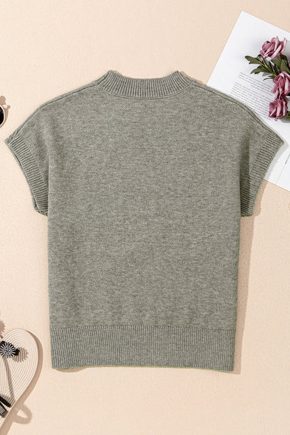 High Flower Pattern Ribbed Trim Short Sleeve Boxy Sweater