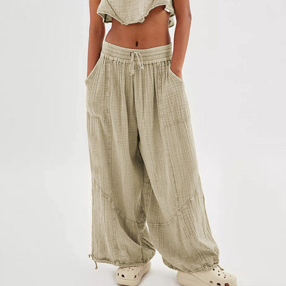 Women’s Solid Color Wide Leg Pants – Elastic Drawstring Waist and Side Pockets