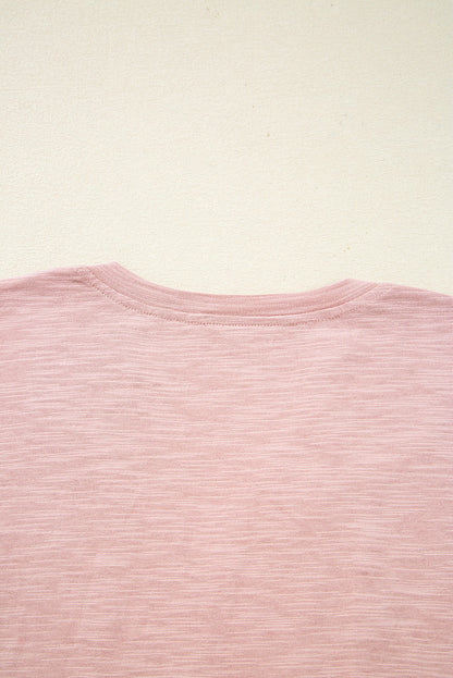 Light Pink Notch V Neck Batwing Sleeve Patchwork Blouse
