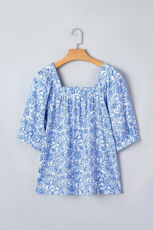 Floral Pleated Square Neck Puff Sleeve Blouse