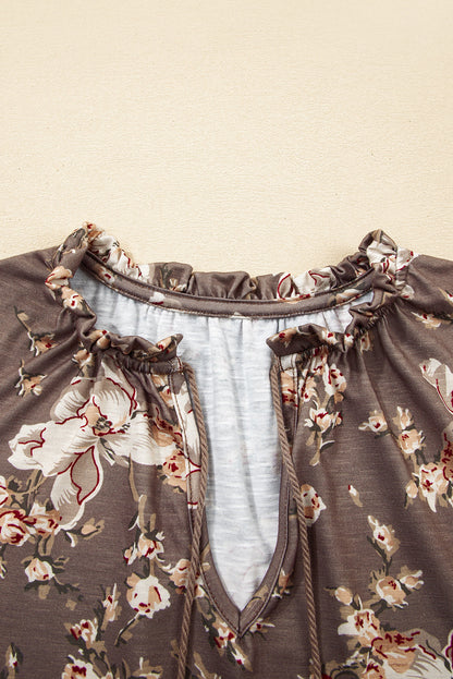 Khaki Retro Floral Print Tassel Tie Split Neck Short Sleeve Blouse