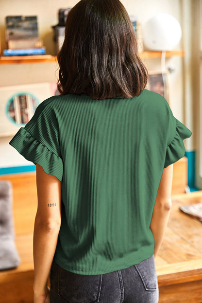White Solid Color Ribbed Ruffled Short Sleeve T Shirt