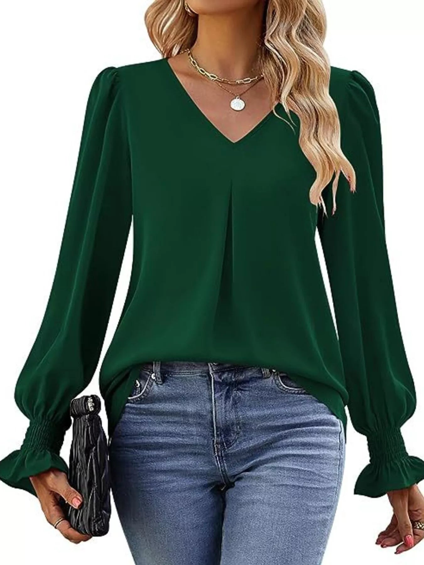 V-Neck Long Sleeve Ruffle Cuff Blouse