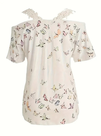 🦋 Vibrant Butterfly Lace Off-Shoulder V-Neck Tee