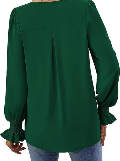 V-Neck Long Sleeve Ruffle Cuff Blouse