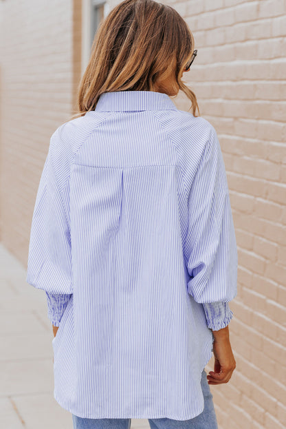 Blue Stripe Striped Casual Shirred Cuffs Shirt