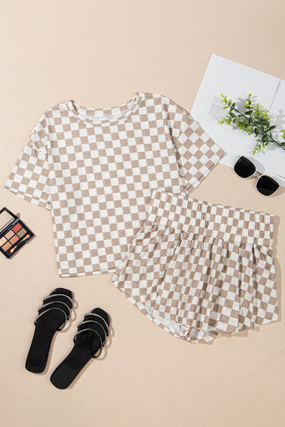 Brown Checkerboard T Shirt and High Waist Skorts Set
