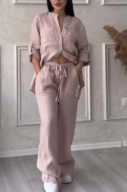 Wide-Leg Pants & Lace-Up Top Two-Piece Set – Solid Color, 12 Colors S–5XL
