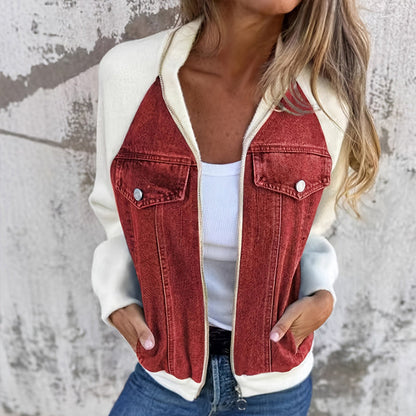 Women's Denim Patchwork Zip-Up Jacket