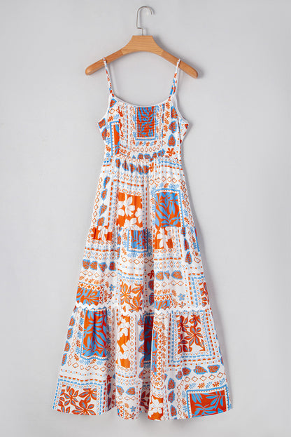 Orange Floral Print Ricrac Trim Spaghetti Straps Maxi Dress