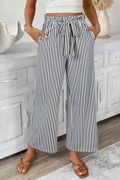 Black Striped Frill Knot Waist Decor Pants