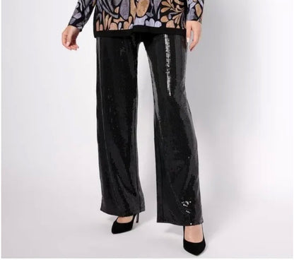 Dennis Basso Regular Sequin Knit Wide Leg Pull-On Pants