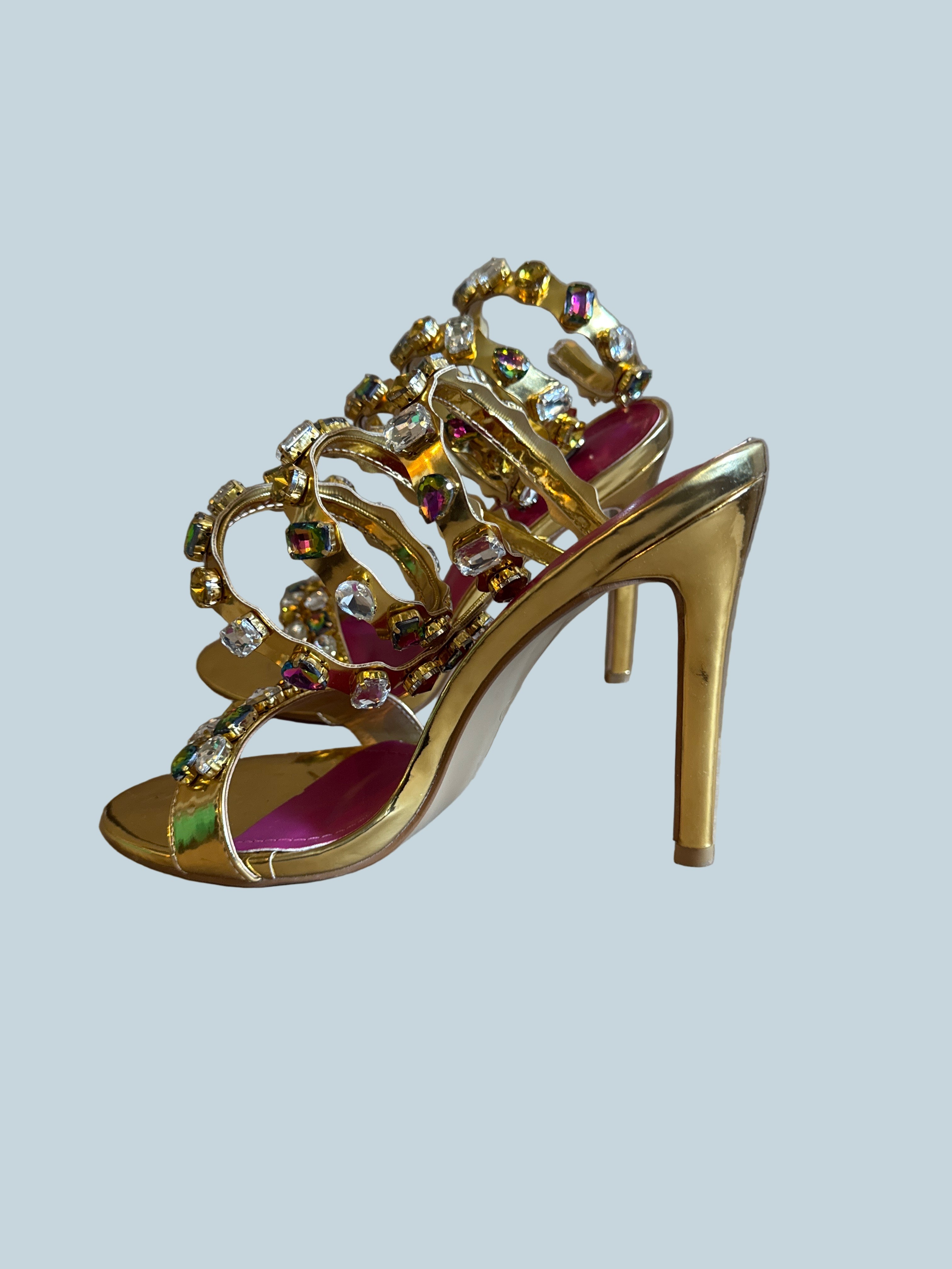 Women High Heeled Ankle Coiled up Embellish Multicolored Rhinestones. Like New. Size 40