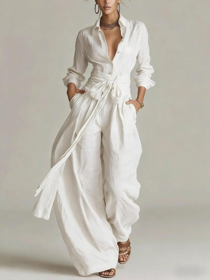 Women's Collar Long Sleeve Top & High-Waist Pants Two-Piece Set – 5 Colors