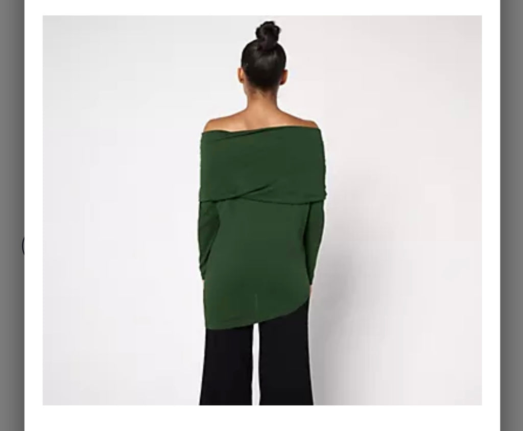 Peace Love World Side Cowl Long Sleeve Top. Hunter Green/ Medium