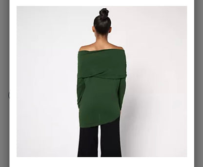 Peace Love World Side Cowl Long Sleeve Top. Hunter Green/ Medium