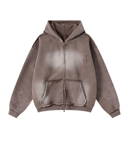 BROWN DISTRESSED ZIP HOODIE