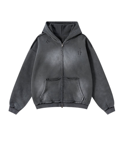 CHARCOAL DISTRESSED ZIP HOODIE