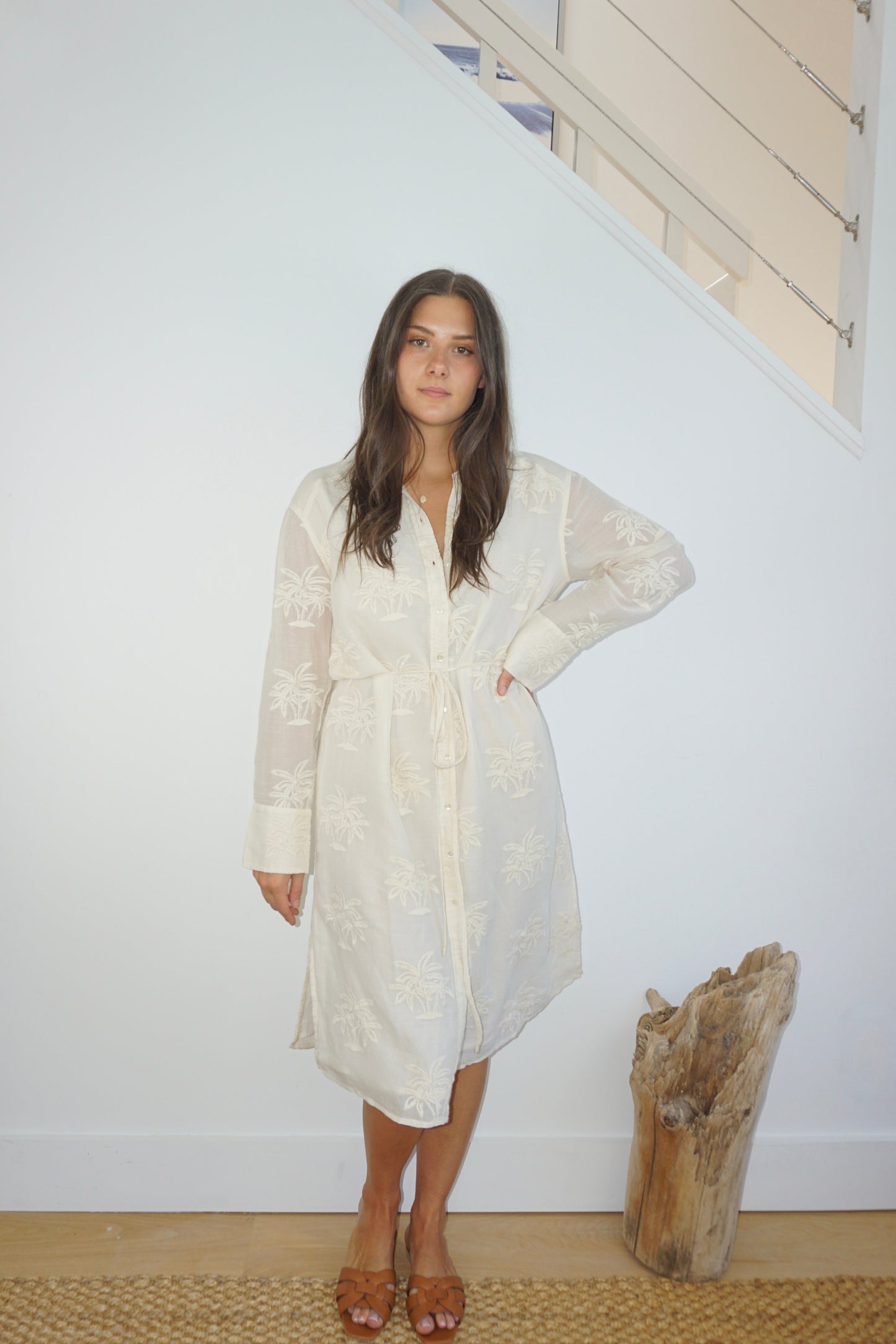 Chambers Sun Dress in Cream Palm Embroidery