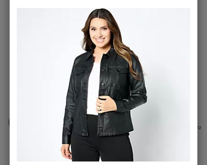 Belle by Kim Gravel Rebelleious Coated Twill Cargo Jacket. Black Olive/X-Large.