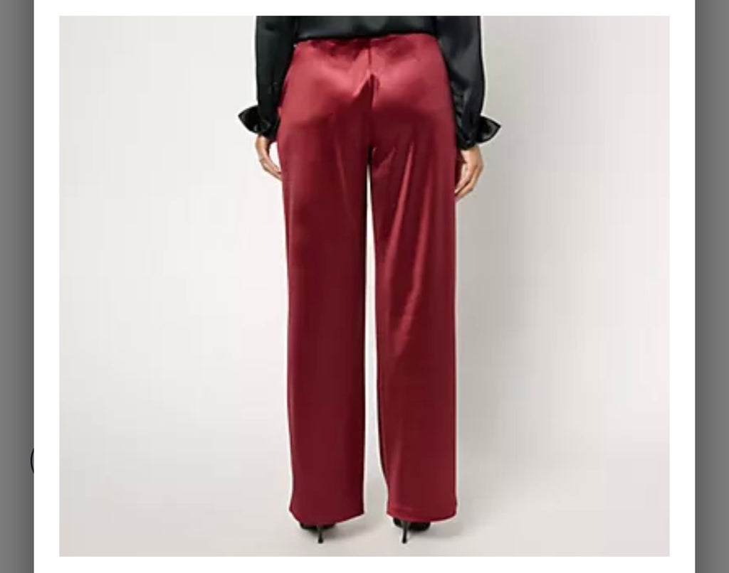 Isaac Mizrahi Live! Petite Always Isaac Knit Satin Wide Leg Pants. Burgundy/Medium.