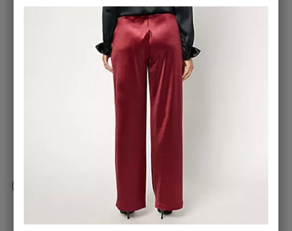 Isaac Mizrahi Live! Petite Always Isaac Knit Satin Wide Leg Pants. Burgundy/Medium.