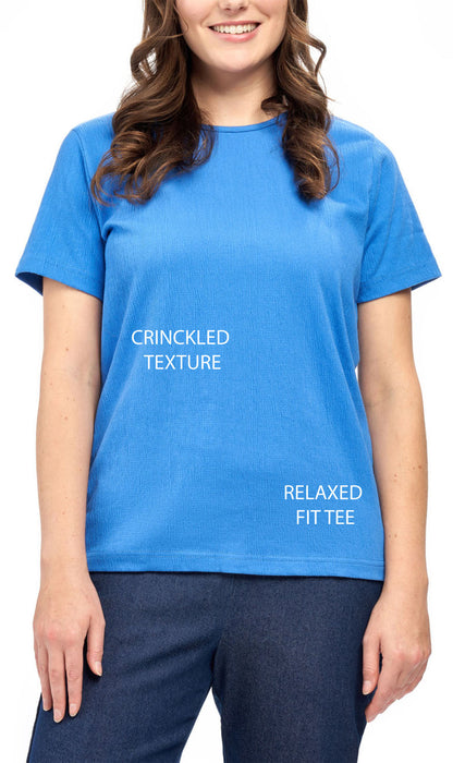 Women's Textured Knit T-shirt with Jewel Neckline and Short Sleeves