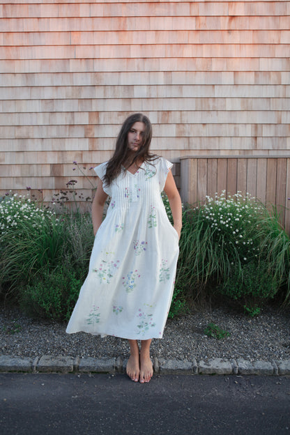 Doris Midi Dress in Cream Botanical