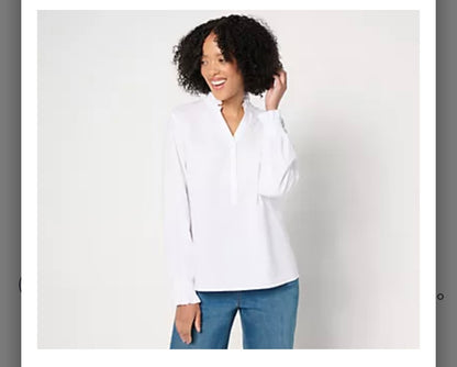 Studio Park x Amy Stran Ruffle Collar Smocked Cuff Henley Shirt